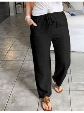 Meomua black elastic waist cropped wide leg pants size Medium Linen Cotton